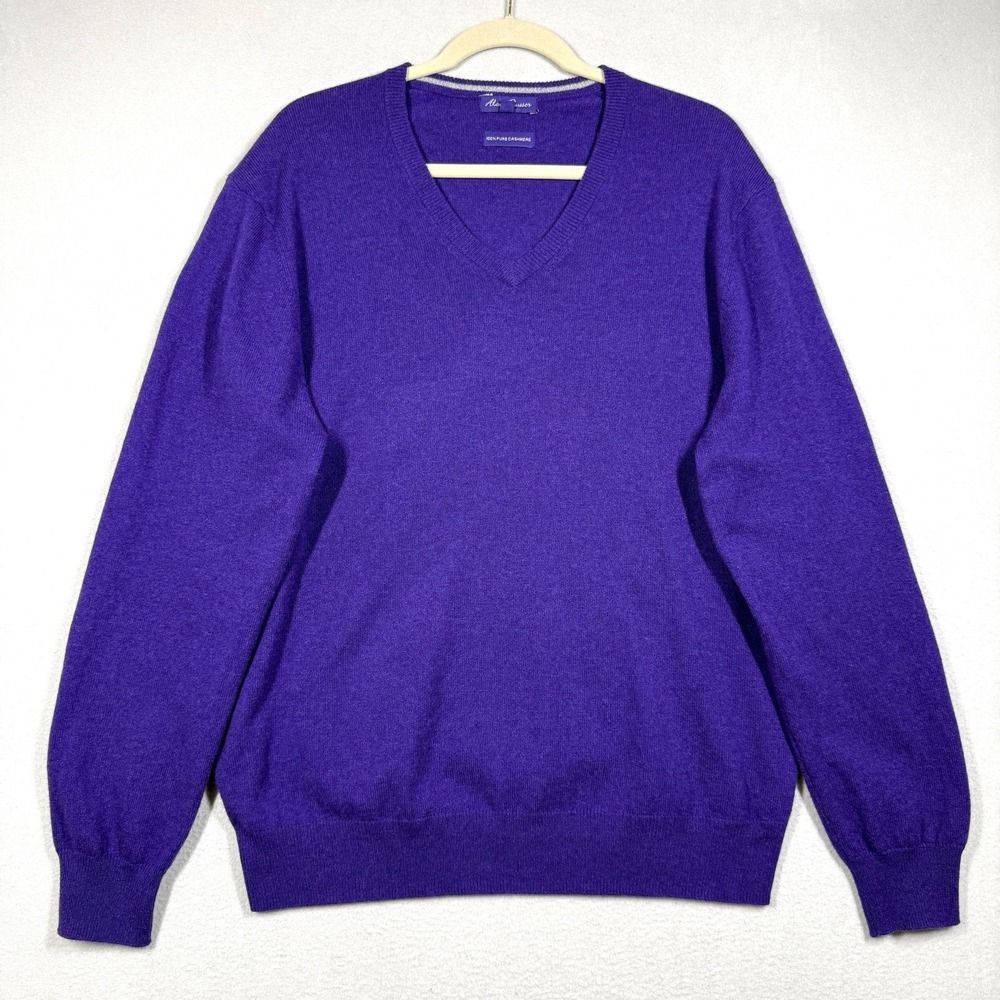 Alan Flusser Cashmere Sweater Mens XL Purple 100% Pure Cashmere Pullover V Neck